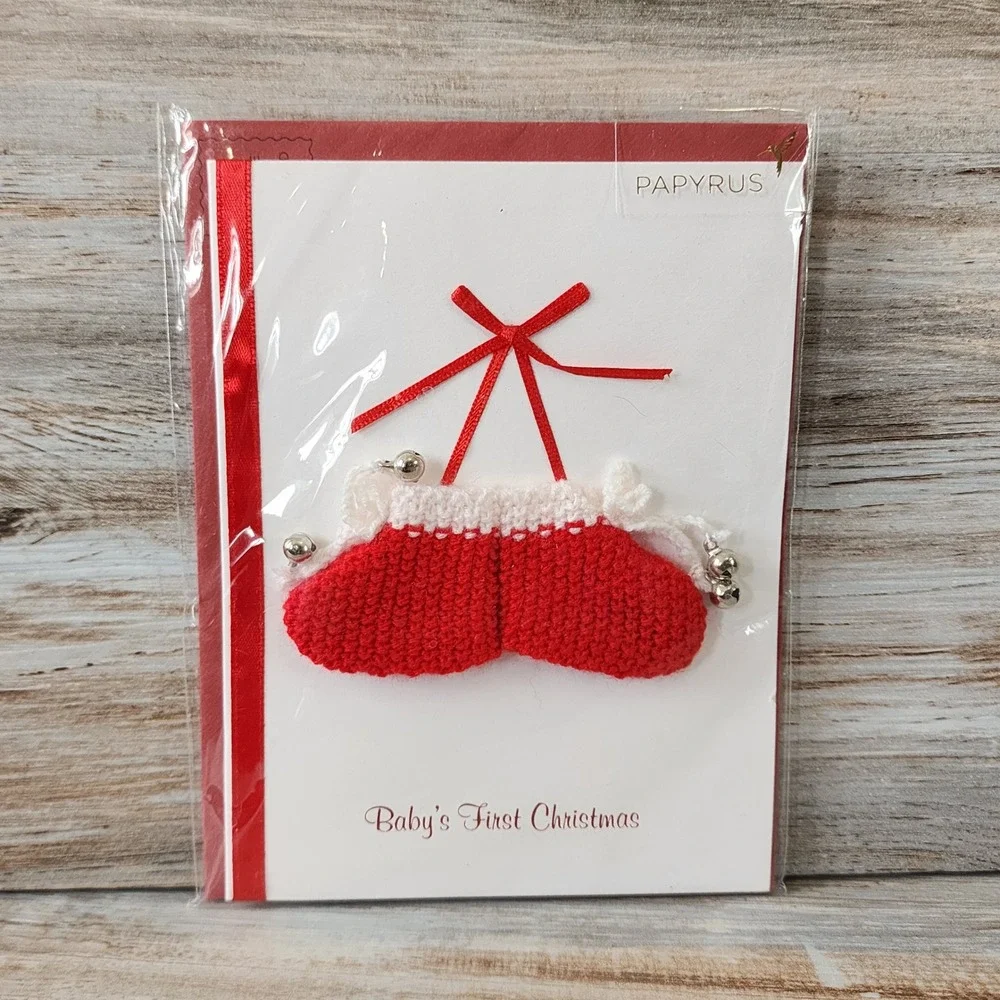Papyrus Babys First Christmas Card Crocheted Booties Silver Bells 07053712